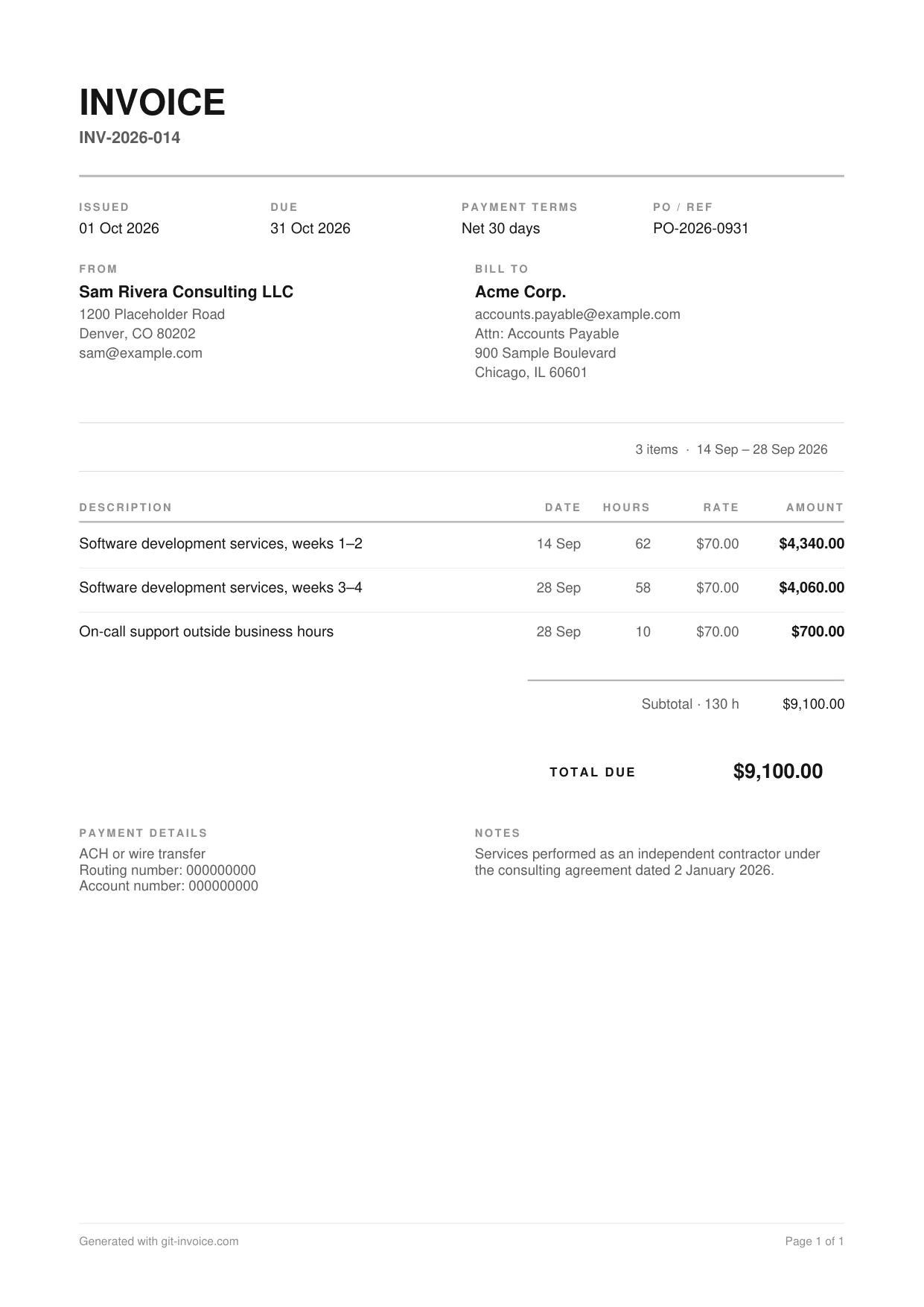 Independent contractor invoice template preview