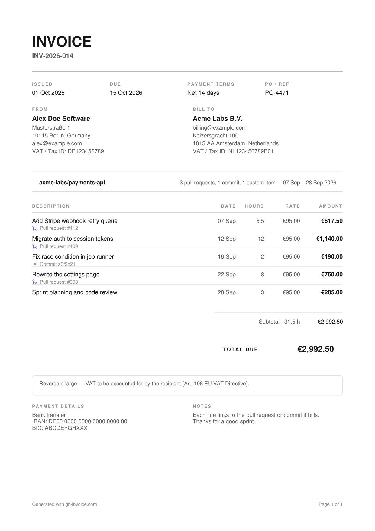 Freelance developer invoice template preview