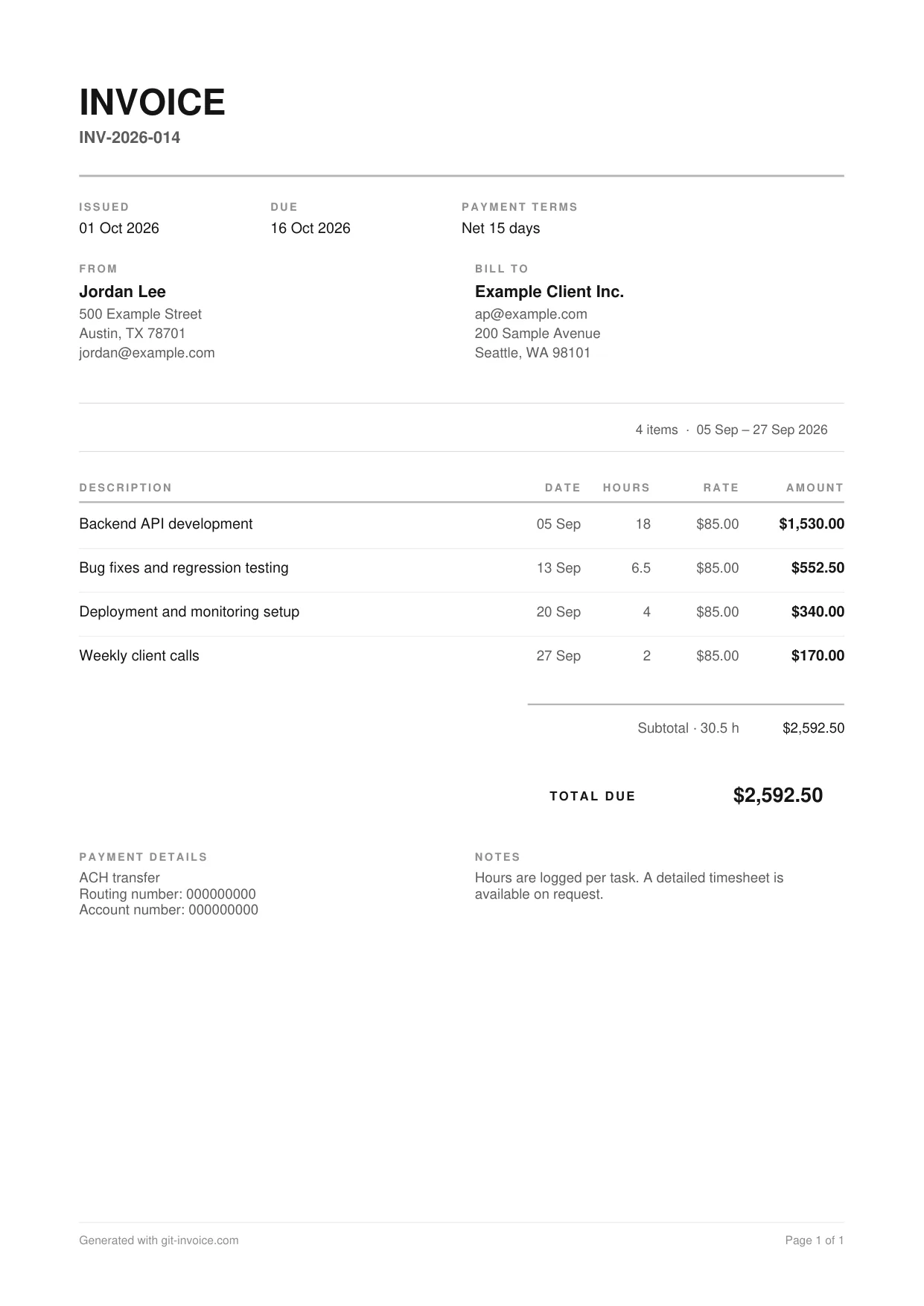 Hourly invoice template preview