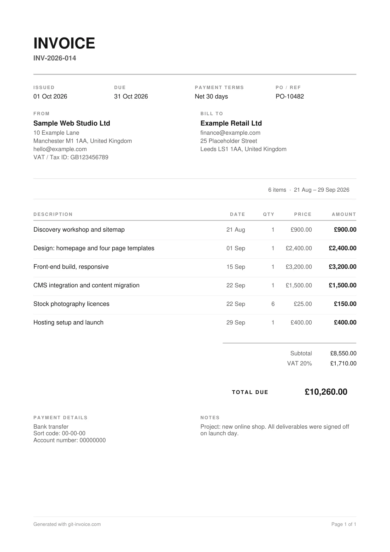 Web development invoice template preview